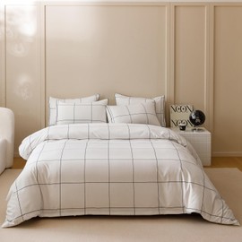 CLOTHKNOW Plaid Queen Size Comforter Set 3Pcs White Black Bedding Comforter Sets Big Checker Queen Comforter