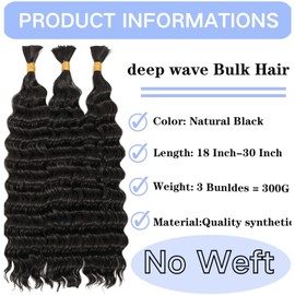 Deep Wave Bulk hair 18Inch No Weft Deep Wave Bulk Hair for Braiding Wet and Wave Quality Synthetic Braiding Hair Extensions for Boho Braids Micro Braiding (3Pack 300g Natural Color)