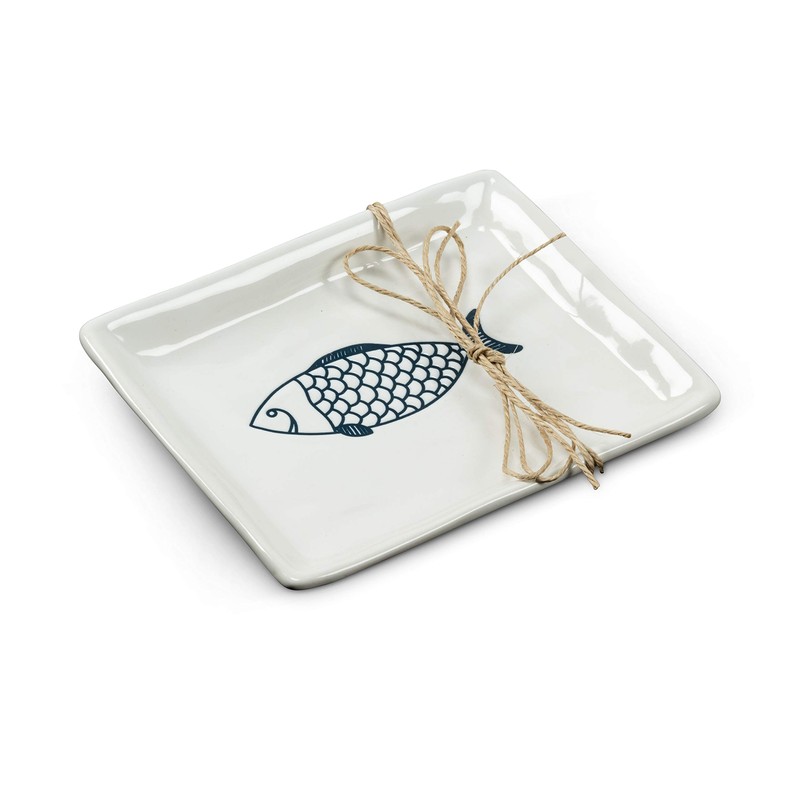 Abbott Collection 27-CORFU-550 Small Rectangle Fish Plate, 1 EA, White/Blue
