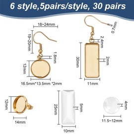 GOMAKERER Pack of 120 4 Styles Stainless Steel Earring Edging Hooks, Rectangular and Round Settings for Dangling Earrings with Glass Cabochons, Blanks for Earring Settings for DIY Beginners