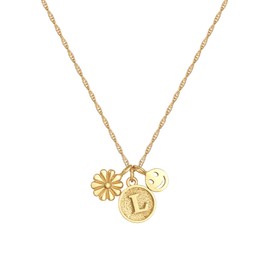 Elli Women's Flower Necklace with Smiling Face Disc Pendant Letter L in 925 Sterling Silver Gold-Plated, 45 cm, Sterling Silver, None