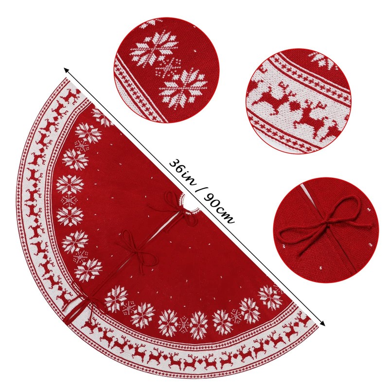 ZANZER Christmas Tree Skirt Rustic Red & White Knitted Xmas