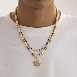 KOFISNI Puka Shell Necklace Men Brown Coconut Shell Wood Beads Choker Beach Seashell Surfer Necklace Hawaiian Summer Jewelry (Sun)