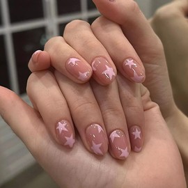MERVF Oval Press on Nails Medium Fake Nails Pink Star Glue ons Solid Color Design Round Acrylic Y2K False Nail Supplies Art DIY for Women Glossy 24pcs