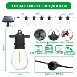 yaojin 33(27+6) ft Solar String Lights Outdoor, Waterproof with USB Port Remote Control Solar Patio Lights,9 Shatterproof S14 Bulbs,1W Soft White