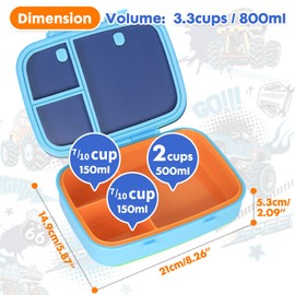 PinkSheep Bento Lunch Boxes for Children, 800 ml BPA-Free Leak-Proof Kids Food Container with 3 Compartments Back to School Students Boys Girls (Race)