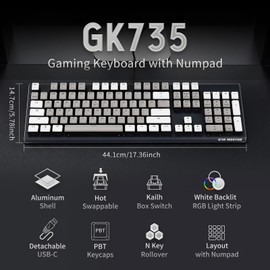 Hexgears GK735 Wired Full Size Mechanical Keyboard, Aluminum Housing Built for Gamers w/Kailh Box White Switch, White Backlit + Surrounded by RGB Light Strip, 104 Keys Gaming Keyboard for PC/Mac