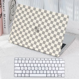 Checkered Case for MacBook Air 13 inch 2021 2020 2019 2018 M1 A2337 A2179 A1932, Classy Luxury Textured Checker Checkerboard Grid Pattern Cream PU Leather Hardshell & Keyboard Cover, Beige Checkered