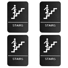 ADA Stairs Sign with Braille with Adhesive Back - Durable and Wipe Clean Plastic - 9"X6" - Black and White - Business Restaurant Signage for Indicating Stairs - ADA Compliant - 4 PK