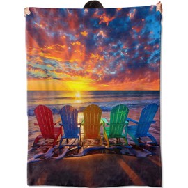 amepay Colorful Beach Chairs Sunset Blanket Coastal Ocean View Throw Blankets Soft Lightweight Flannel Throws Decor Gifts for Girls Adults Beach Lovers Ideal for Couch Bed Travel Office 50x60 Size