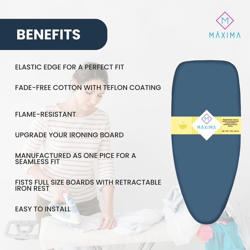 M Maxima, Ironing Board Cover and Pad, Fire-Resistant, Indestructible, Non-Fade