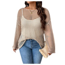 BEAUDRM Women's Plus Size Hollow Out Sweater Y2K Sheer Boat Neck Long Sleeve Pullover Tops Apricot XX-Large Plus