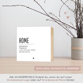 Wunderpixel® personalisiertes Holzbild Home mit Koordinaten minimalistisch - 15x15x2cm zum Hinstellen/Aufhängen, echter Fotodruck auf Holz - Wand-Bild Aufsteller Zuhause Dekoration Geschenk-Idee