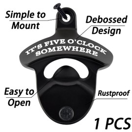 HAIICEN Rustproof Wall Mounted Bottle Opener Black with White, Stainless It's Five O'Clock Somewhere Beer Bottle Cap Opener Cooler Mounted for Party Kitchen
