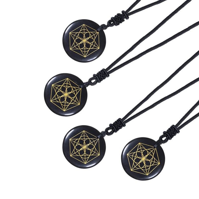 KYEYGWO Engraved Obsidian Chains with Adjustable Rope, Round Stone Pendant,