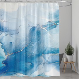 Shower Curtain Blue Mould Proof Resistant Waterproof Marbling Bathroom Curtains with 12 hooks Quick-Drying Weighted 180x180cm (71x71Inch) Polyester Shower Curtains for Bathroom Wet Room Tub