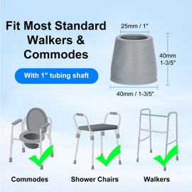 supregear Rubber Ferrules for Zimmer Frames (4 Pcs), 25mm Heavy Duty Replacement Tips for Walkers, Commodes, Shower Chairs, Walking Sticks, Tool Free Rubber Stoppers Caps, Grey