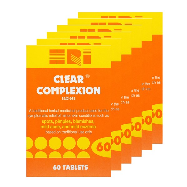 HRI Clear Complexion 60 Tablets - for Symptomatic Relief of Minor Skin Conditions Such as Spots, Pimples, Blemishes, Mild Acne, Mild Eczema. 6 Pack