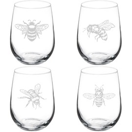 MIP Set of 4 Wine Glass Gift Honey Bee Collection (17 oz Stemless)
