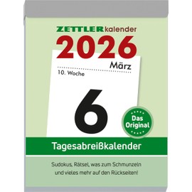 Zettler Daily Tear-off Calendar XL 2026 - Tear-off Calendar 8 × 11 cm, 1 Day per Page with Sudoku, Recipes, Puzzles & Tips on the Back, FSC Certified
