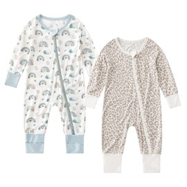 OPAWO Premature Baby Clothes, 2 Pack Baby Pajamas with Mitten Cuffs Bamboo Rayon Super Soft Baby Sleepwear 2-Way Zipper with Easy Accessibility Stretch Fit and Footless (Rainbow/Leopard,3-6 Months)