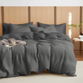 Wake In Cloud - Waffle Cotton Duvet Cover Set, 100% Cotton Bedding, Waffle Weave Knit Textured Neutral Farmhouse Soft Lightweight, 3 Pieces, Dark Grey, King Size