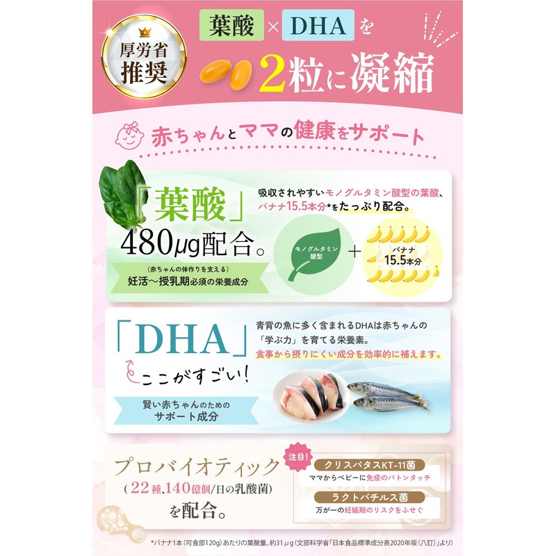 葉酸 サプリ 妊活 妊娠 DHA 乳酸菌 22種 腸まで栄養を届け戻り香がしない腸溶カプセル 1日2粒 30日分