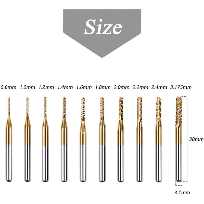 Mesee 10Pcs Titanium Coat Carbide End Milling Engraving Bits, 1/8