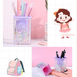 Uoocg Square Pen Holder Children Transparent Acrylic Pen Holder Pen Stand Desk Organiser Girls Boys for Office School Home (Purple)