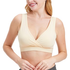 netdraw Women's Bamboo Viscose Nursing Sleep Bra, Ultra Soft Wire-Free Crossover Lounge Bralette, Beige, Medium
