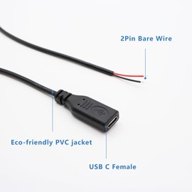 Kallaudo USB C Power Pigtail Cable 1FT 24AWG 5V 3A USB Type-C Female Plug to 2 Pin Bare Wire Open End Power Pigtail Cord DIY, Black (5Pcs)