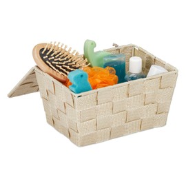 Relaxdays Storage Basket with Lid, Wicker Look, Bathroom Organiser, H x W x D: 10.5 x 19.5 x 14.5 cm, Plastic, Beige, Iron