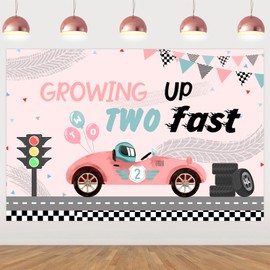 kreat4joy Two Fast Birthday Decorations Girl Backdrop, Growing Up Two Fast Decorations Backdrop Banner for Girls Race Car 2nd Two Fast 2 Curious Birthday Party Decorations