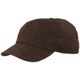 Men's Winter Baseball Cap | Peaked Cap | Baseball Cap with Fold-Out Ear Protection - Herringbone Wool Design & Quilted Lining (58, Brown), brown