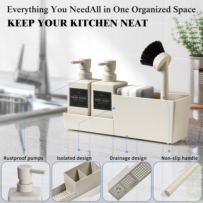 zuxzmj Kitchen Soap Dispenser Set with Sponge Holder and Brush