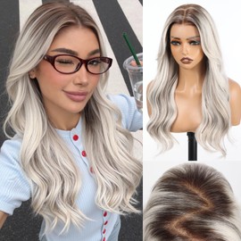 13x6 HD Lace Front Wig Synthetic 22 Inch Platinum Blonde with Lowlights Long Wave Layered Glueless Wig for Women, Natural Look Daily Wear