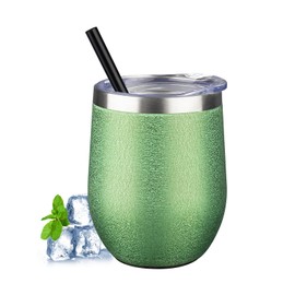 12 oz Insulated Wine Tumbler with Lid and Straw Double Wall Vacuum Insulated Wine Cup Stainless Steel Wine Tumbler Glasses for Coffee,Champaign,Cocktail,Office (Wrinkle Paint Avocado Green,1)