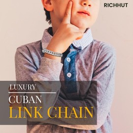 richhut Cuban Link Chain for Kids Teen - Luxury Platinum White Gold Plated - Iced Out Bling 14MM Width Bracelet 7In - Fits Ages 8–16 - Giftbox Included