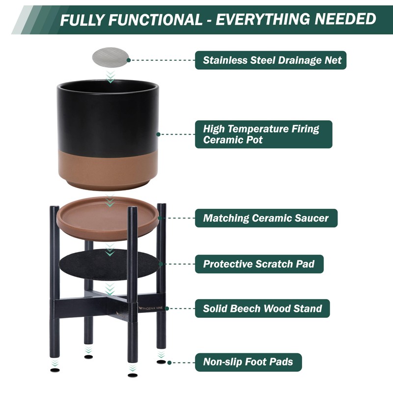 D'vine Dev Ceramic Planter with Ebony Stand - 10 Inch