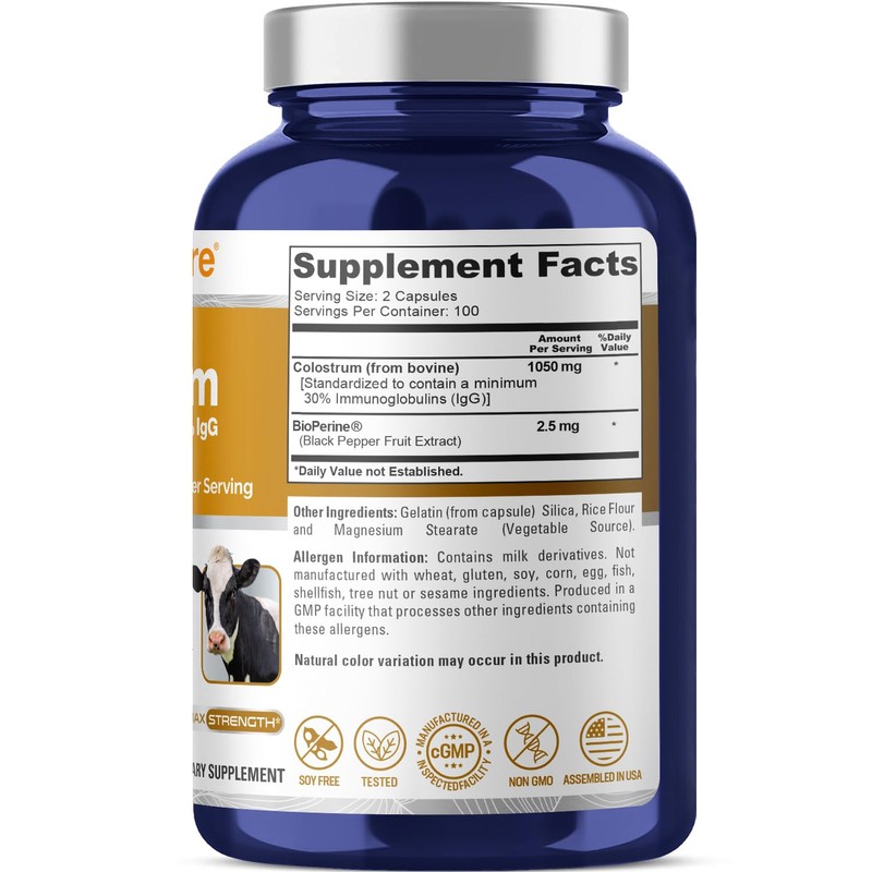 NusaPure Colostrum 1050mg 30% IgG 200 capsules (Non-GMO, Soyfree) Bioperine