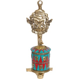 Exotic India Prayer Wheel with Victory Banner (Ashtamangala) - Brass with Inlay Statue