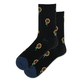 Hot Sox Women's Wool Blend Flower Crew Socks-1 Pair Pack-Cute & Comfortable Gifts, Sunflower (Black), 4-10