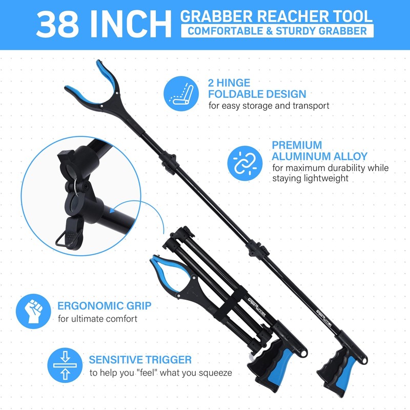 38" Extra Long Grabber Reacher Tool – 2 Pack Foldable