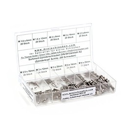 Assortment box with 200 pieces small cylinder screws in accordance with DIN 84 made of A2 stainless steel (M1.6, M2, M2.5, M3 and M4), slotted, cylinder head. Mini screws assortment including labelled
