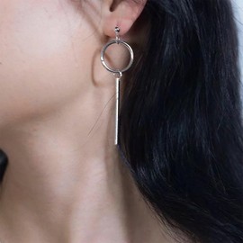 Allereya Vintage Circle Bar Drop Earrings Vertical Bar Earrings Silver Bar Dangle Earrings Hollow Circle Earrings Bar Circle Hoop Earrings Jewelry for Women