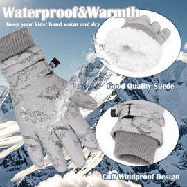 LPMOERA Kids Gloves Winter Toddler Snow Waterproof Gloves For Boys Girls Ski Gloves Toddler Mittens Windproof Navy Blue Dinosaur S (5-8T)