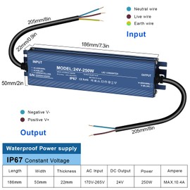 LED Transformer 24 V 10.4 A, IP67 Waterproof LED Transformer 24 V 250 W, Transformer 230 V to 24 V, LED Power Supply 24 V, LED Transformer 24 V 250 W, No LED Flicker, No Noise, LED Driver 24 V for