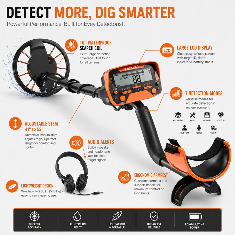 Metal Detector for Outdoor Treasure Hunting – 10-Inch Waterproof Coil