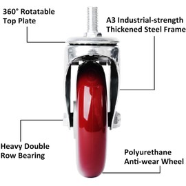 Finnhomy Swivel Caster Wheels 5 Inch Threaded Stem Casters Set of 4 Heavy Duty 1/2"-13 x 1 with Brake Polyurethane Industrial Locking Castors Wheels for Cart/Furniture 2200 Lbs Smooth Casters, Red