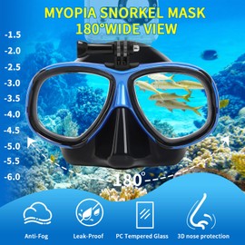 Snorkeling Gear for Adults Youth, Nearsighted Anti-Fog Diving Mask & Silicone Dry Snorkel for Scuba Diving Spearfishing Freediving (Blue, -5.5)